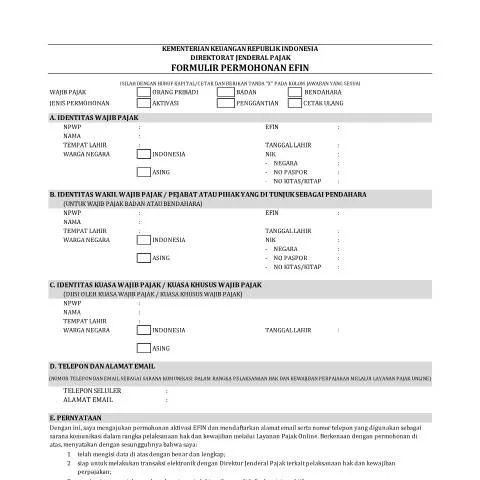 Document preview: Panduan Lengkap Formulir Permohonan EFIN — Pajak & perpajakan (CERFA n°ID-DJP-Form-Permohonan-EFIN-PDF-isian)