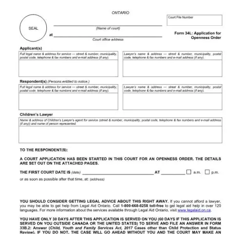 Document preview: Understanding Form 34L: Application for Openness Order in Ontario — Legal & justice (FLR 34L)