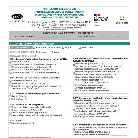 Aperçu du document Autorisation de mise sur le marché des produits phytosanitaires — Démarches administratives (CERFA n°15722*04)
