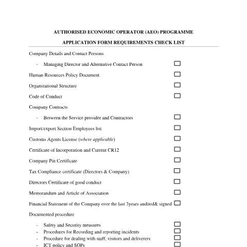 Document preview: Essential Guide to AEO Certification in Kenya — Government & admin (CERFA n°AEO-Application-Form-Checklist-010224)