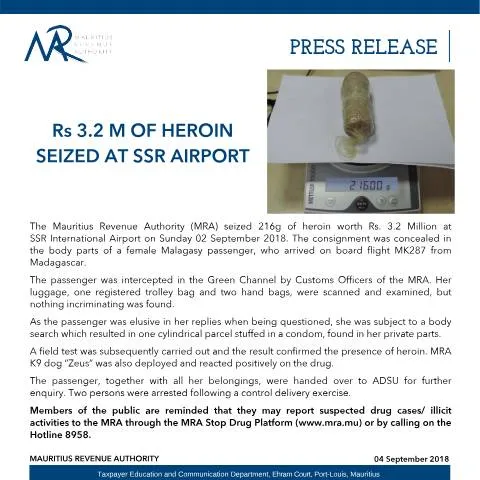 Document preview: Significant Heroin Seizure at SSR Airport: What Happened? — Government & admin (SeizureHeroin040918)