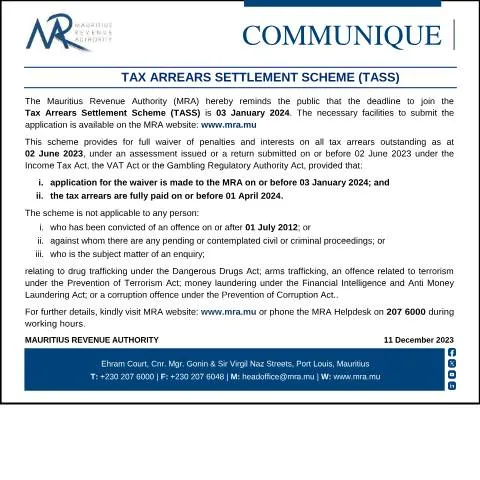 Document preview: Mauritius Announces Tax Arrears Settlement Scheme Deadline — Taxes (CERFA n°CommuniqueTASS111223)