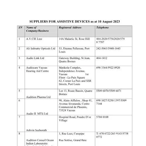 Document preview: Essential Suppliers for Assistive Devices in Mauritius — Health (CERFA n°SUPPLIERS-FOR-ASSISTIVE-DEVICES-as-at-10-August-2023-Website)