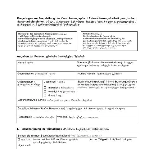 Dokumentvorschau: Wichtige Informationen zum Fragebogen BA035485 für Georgische — Behörden & Verwaltung (CERFA n°fragebogen-versicherungspflicht-georgisch-_ba035485)