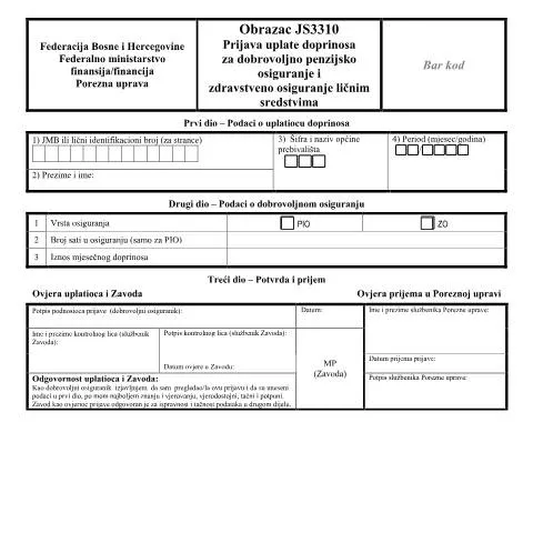 Document preview: Važnost Prijave uplate doprinosa za penzijsko i zdravstveno osiguranje — Administrativne procedure (CERFA n°JS3310)
