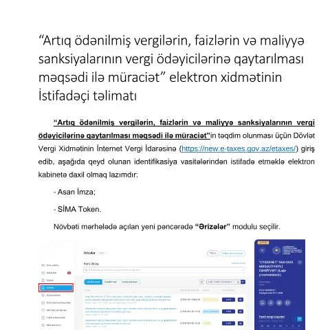 Document preview: Artıq ödənilmiş vergilərin qaytarılması üçün müraciət — Vergilər & maliyyə