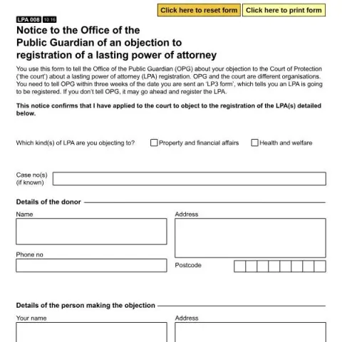 Document preview: Understanding the Objection Notice for LPA Registration in the UK — Legal & justice (LPA 008)