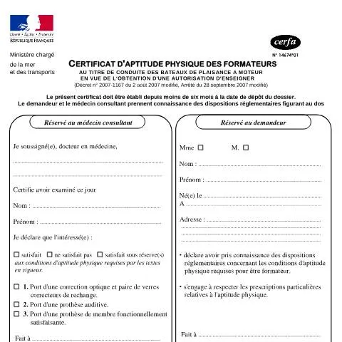 Aperçu du document Aptitude physique obligatoire pour formateurs nautiques — Études & formation (CERFA n°14674*01)
