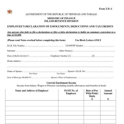 Document preview: Navigating the Tax Declaration Form 1 (TD1) in Trinidad and Tobago — Taxes (CERFA n°TD1)