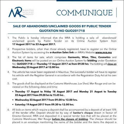 Document preview: Your Guide to Bidding on Abandoned Goods in Mauritius — Government & admin (CommuniqueQ18of2017)