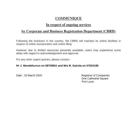 Document preview: Mauritius Corporate Registration Department Update — Government & admin (Communique)