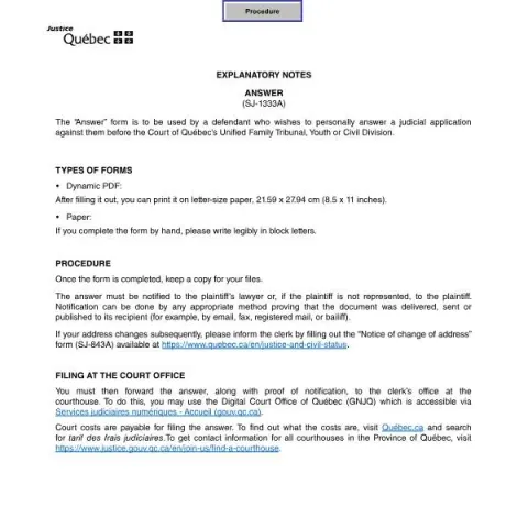 Document preview: Understanding the Answer Form SJ-1333A for Quebec Family Tribunal — Legal & justice (SJ-1333A)
