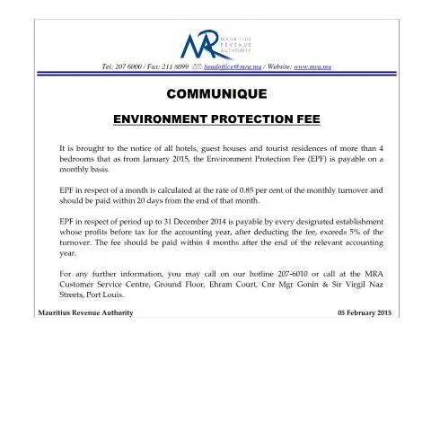 Document preview: Essential Insights on the Environment Protection Fee in Mauritius — Government & admin (EnvironmenProtectionFee050215)