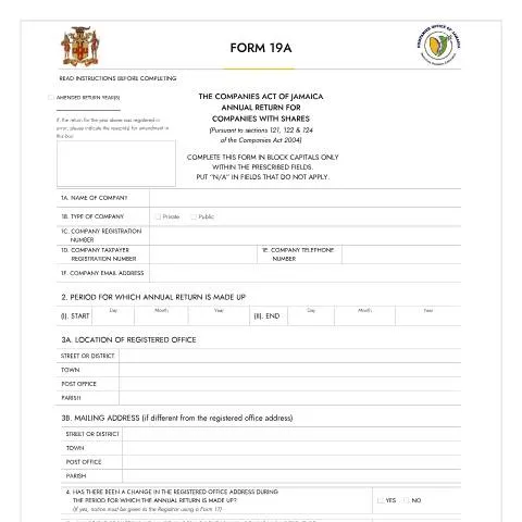 Document preview: Key Insights on FORM 19A for Jamaican Companies — Government & admin (CERFA n°FORM_19A_03102023)