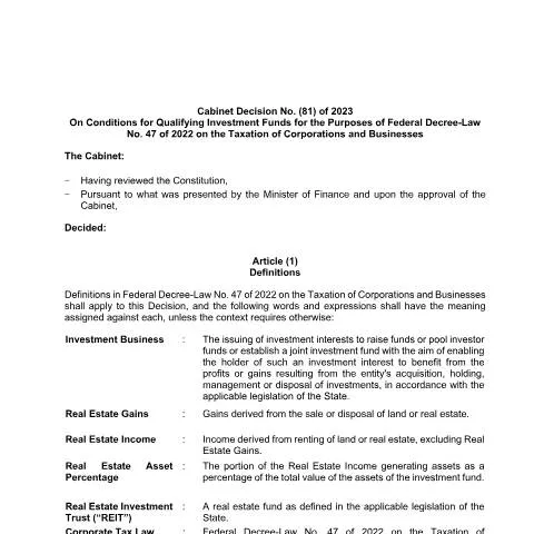 Document preview: UAE Cabinet Decision No 81/2023: Investment Funds and Corporate Tax — Taxes (CERFA n°Cabinet Decision No (81) of 2023)