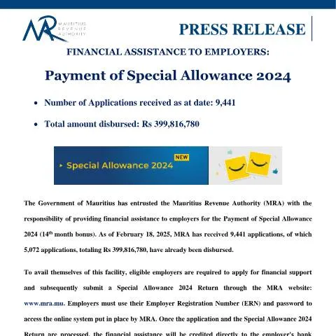 Document preview: Navigating Financial Assistance for Employers in Mauritius — Government & admin (PressRelease180225)