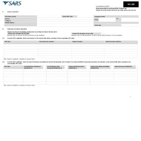 Document preview: Understanding the DA 180 Form for Carbon Tax in South Africa — Government & admin (CERFA n°DA 180)
