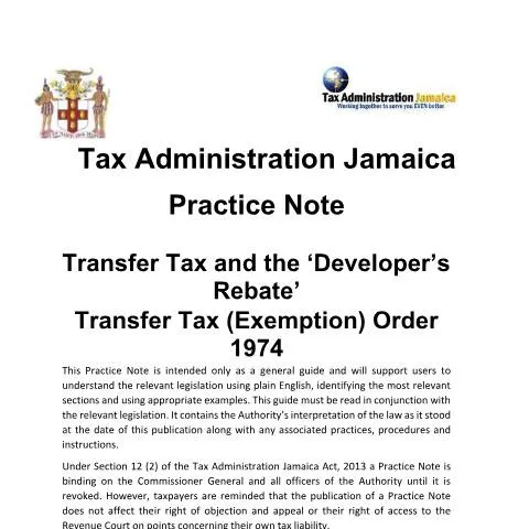 Document preview: Understanding Transfer Tax and Developer's Rebate in Jamaica — Taxes (CERFA n°Practice_Note_Transfer_Tax_Developers_Rebate_Final_072022)