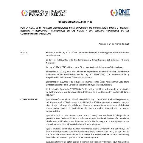 Vista previa del documento Resumen de la Resolución General DNIT 49 en Paraguay — Trámites administrativos