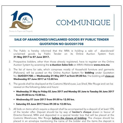 Document preview: Bid on Abandoned Goods: A Unique Public Tender Opportunity — Government & admin (CERFA n°CommuniqueQu08of2017)