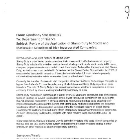 Document preview: Understanding Submission Number 9 on Stamp Duty in Ireland — Taxes