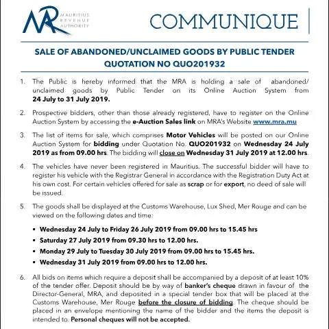 Document preview: Exploring the Public Tender Process for Unclaimed Goods — Government & admin (Communique32of2019)