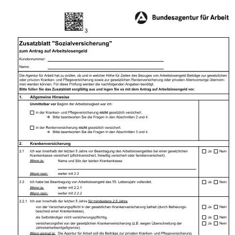 Dokumentvorschau: Zusatzblatt zur Sozialversicherung für Arbeitslosengeldanträge — Arbeit & Beschäftigung (CERFA n°zb-sv_ba033110)