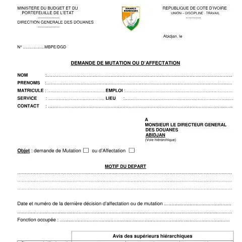 Aperçu du document Processus de mutation pour agents des Douanes en Côte d'Ivoire — Démarches administratives