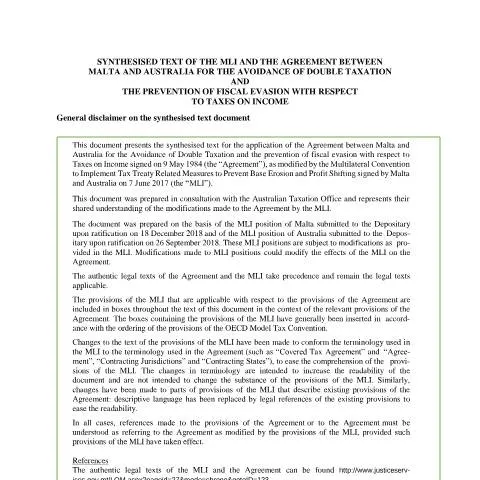 Document preview: Understanding the Malta-Australia Double Taxation Agreement for — Taxes (CERFA n°malta---australia-dta-(synthesised-text))