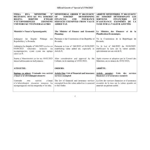 Document preview: Understanding the Iteka rya Minisitiri for VAT Exemptions in Rwanda — Taxes (CERFA n°Iteka_rya_Minisitiri_serivise_z_imari_n_ubwishingizi_zisonewe_TVA_2025)