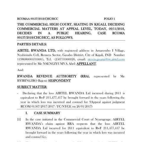 Document preview: Understanding the RCOMAA 00137 Appeal Document — Government & admin (CERFA n°rcomaa_00137__appeal_airtel_rwanda)