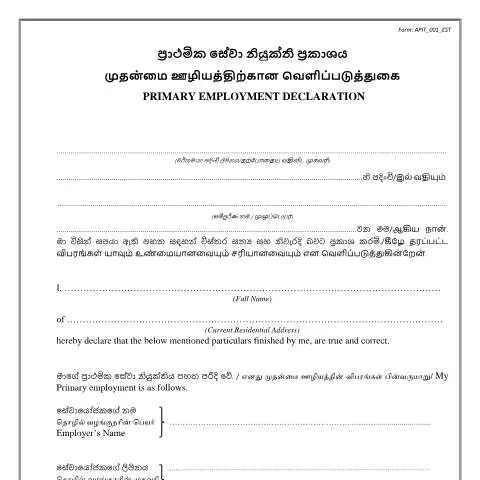 Document preview: Understanding the Primary Employment Declaration in Sri Lanka — Taxes (CERFA n°APIT_001)