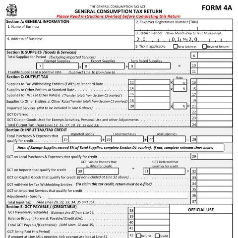 Document preview: Understanding the Official GCT Return Form in Jamaica — Government & admin (CERFA n°4a_eff_jan2015a)