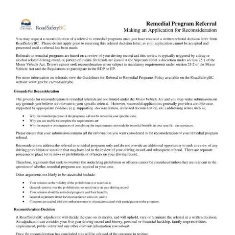 Document preview: How to Request a Reconsideration for Your Remedial Driving Program — Vehicle & driving (MV0705)