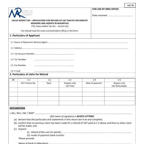 Document preview: Navigating the VAT 7B Form for Diplomatic Missions — Taxes (CERFA n°Vat7BRefund2Diplomats)