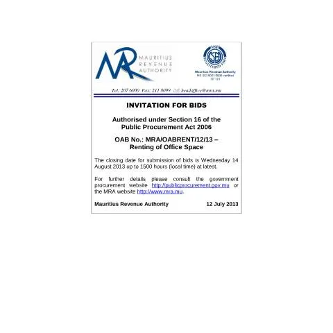 Document preview: Mauritius Revenue Authority Office Space Rental Notice 2013 — Property & real estate (CERFA n°CommuniqueRentingOffice2013)