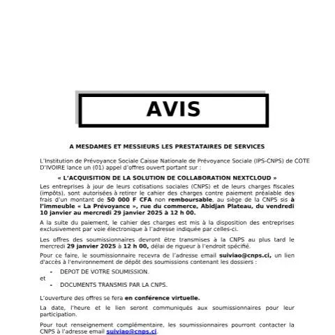 Aperçu du document Acquisition Nexcloud : Avis de Parution de la CNPS — Démarches administratives