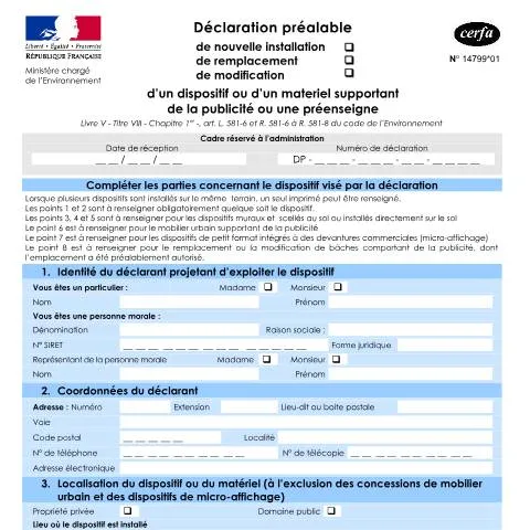 Aperçu du document Formulaire 14799*01 pour dispositifs publicitaires et enseignes — Démarches administratives (CERFA n°14799*01)