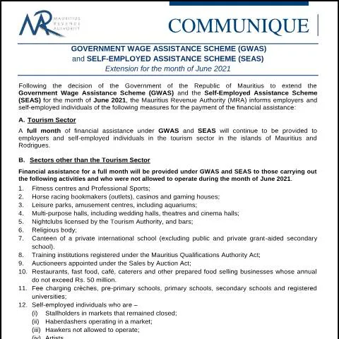Document preview: Extension of GWAS and SEAS Schemes for June 2021 — Benefits & social aid (CERFA n°CommuniqueGWASSEAS170621)