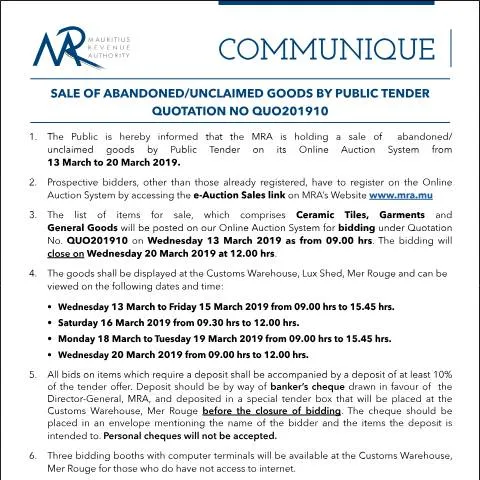 Document preview: Understanding the Sale of Unclaimed Goods in Mauritius — Government & admin (Communique10of2019)