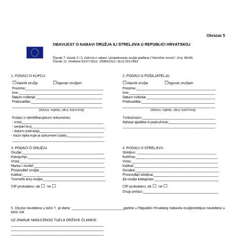 Document preview: Obrazac 5: Važnost u procesu nabave oružja — Administrativni postupci (CERFA n°Obrazac 5)