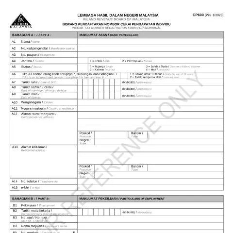 Document preview: Memahami Form CP600 untuk Pendaftaran Cukai Pendapatan — Proses pentadbiran (CERFA n°CP600)