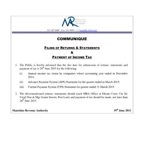 Document preview: Essential Guide to MRACommuniqueFilingofReturns — Taxes (CERFA n°MRACommuniqueFilingofReturns)