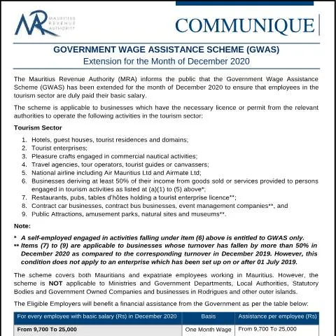 Document preview: Mauritius Government Wage Assistance Scheme Overview — Work & employment (CERFA n°CommuniqueGWAS161220)