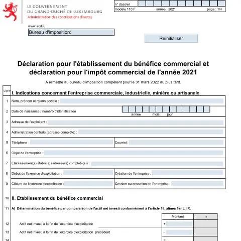 Aperçu du document Comprendre la déclaration 110 F pour l'impôt commercial — Impôts & fiscalité (CERFA n°110 F)