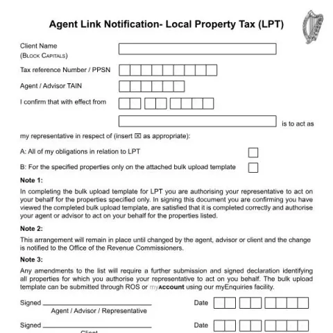 Document preview: Notify Agent Link for Local Property Tax with Revenue Commissioners — Taxes (RPC015752_EN_WB_L_1)