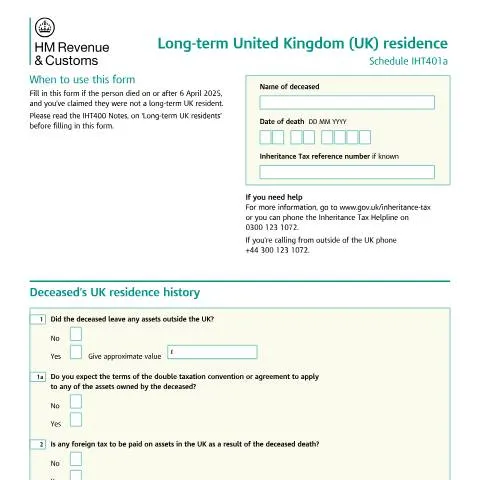 Document preview: IHT401a: Determining Long-Term UK Residence for Inheritance Tax — Taxes