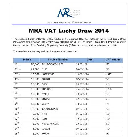 Document preview: Mauritius Revenue Authority VAT Lucky Draw 2014 Results — Government & admin (VLDScommunique)