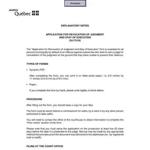 Document preview: Application for Revocation and Stay of Judgment in Québec — Legal & justice (SJ-721A)