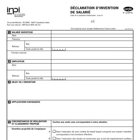 Aperçu du document Formulaire 11540*01 : comment déclarer une invention salariée — Démarches administratives (CERFA n°11540*01)